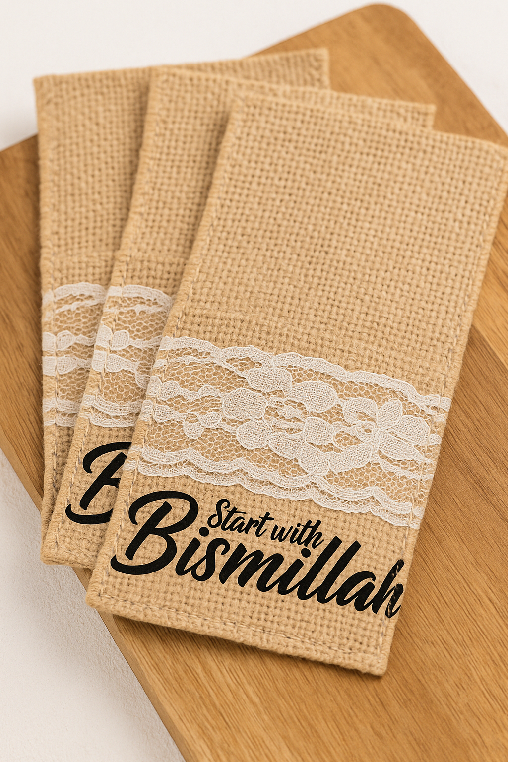 Jute-Bestecktasche mit Spitze & Bismillah – Eid, Ramadan, Hochzeit
