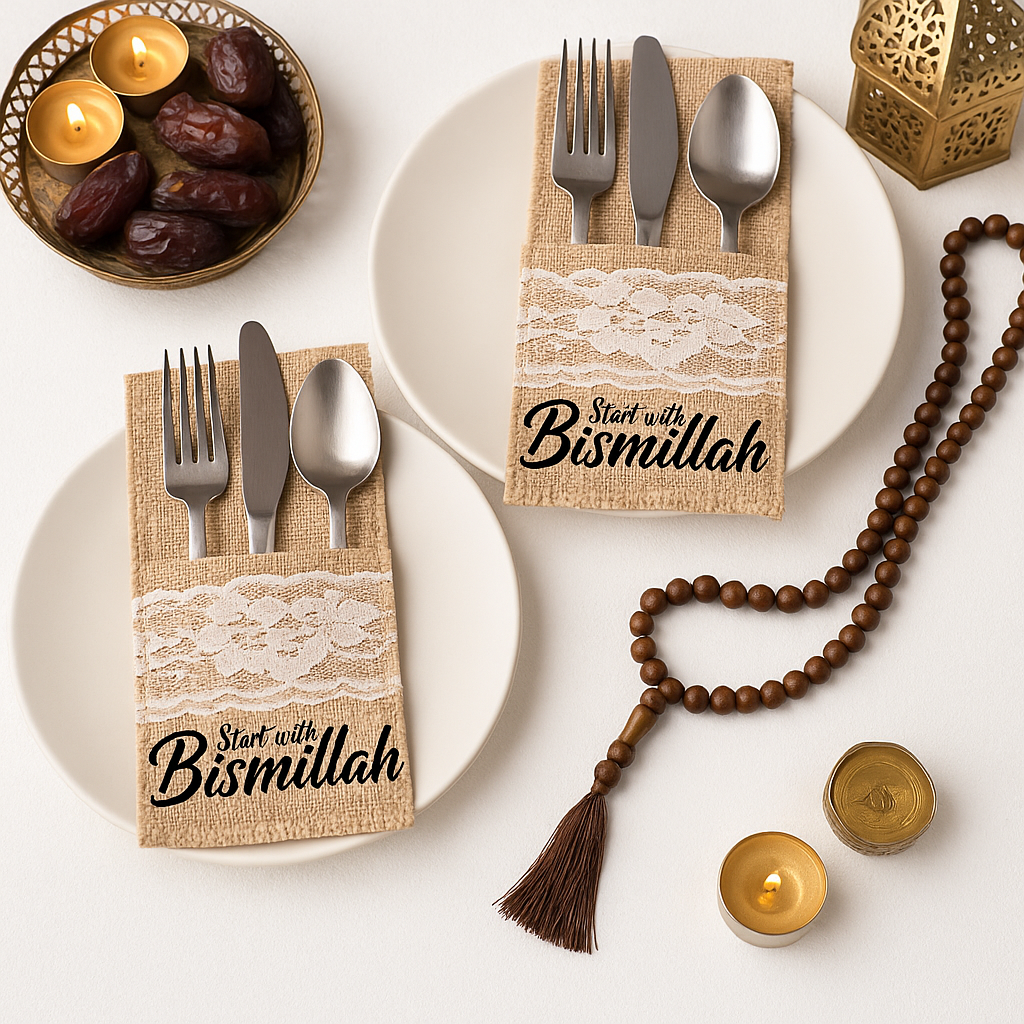 Jute-Bestecktasche mit Spitze & Bismillah – Eid, Ramadan, Hochzeit