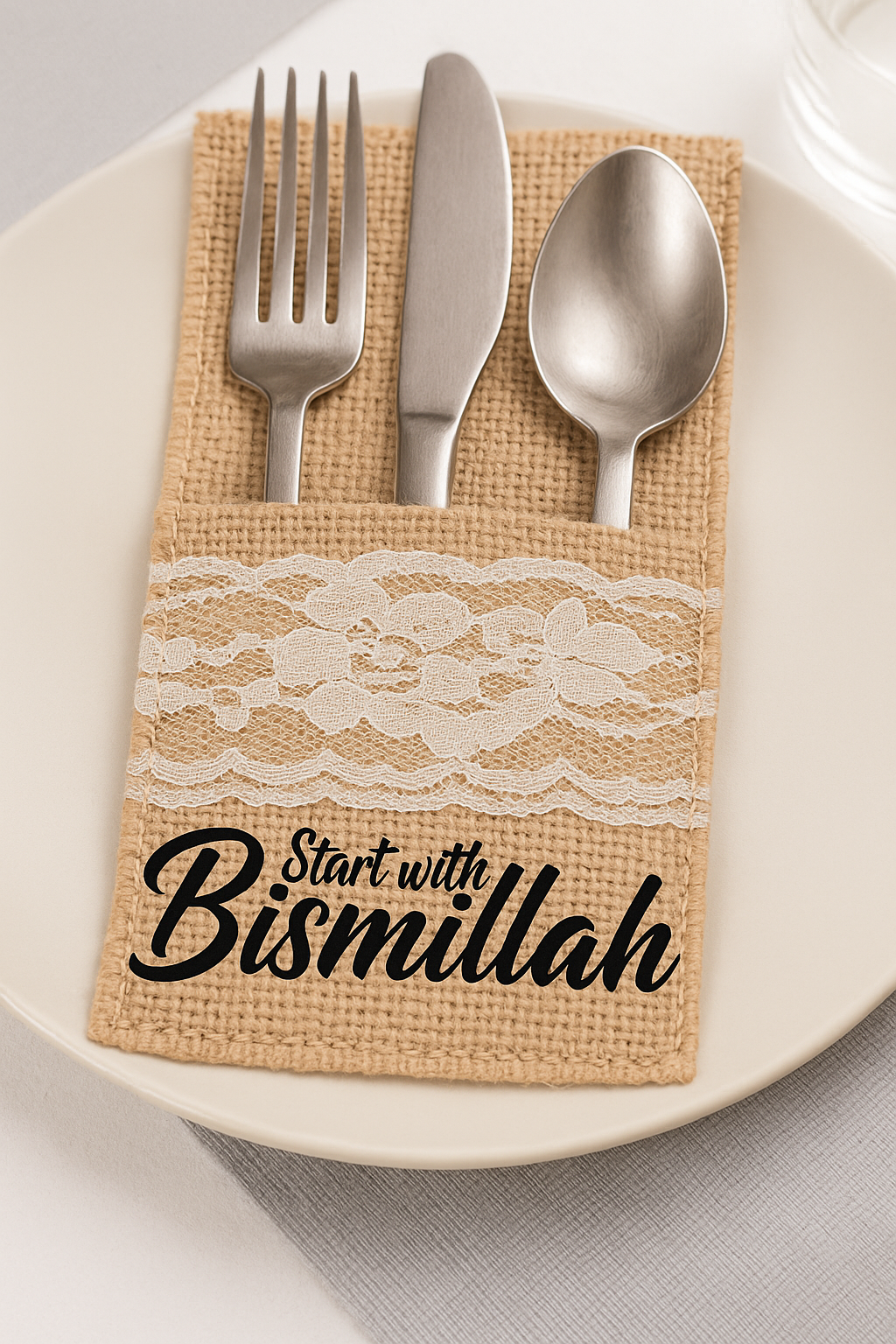 Jute-Bestecktasche mit Spitze & Bismillah – Eid, Ramadan, Hochzeit