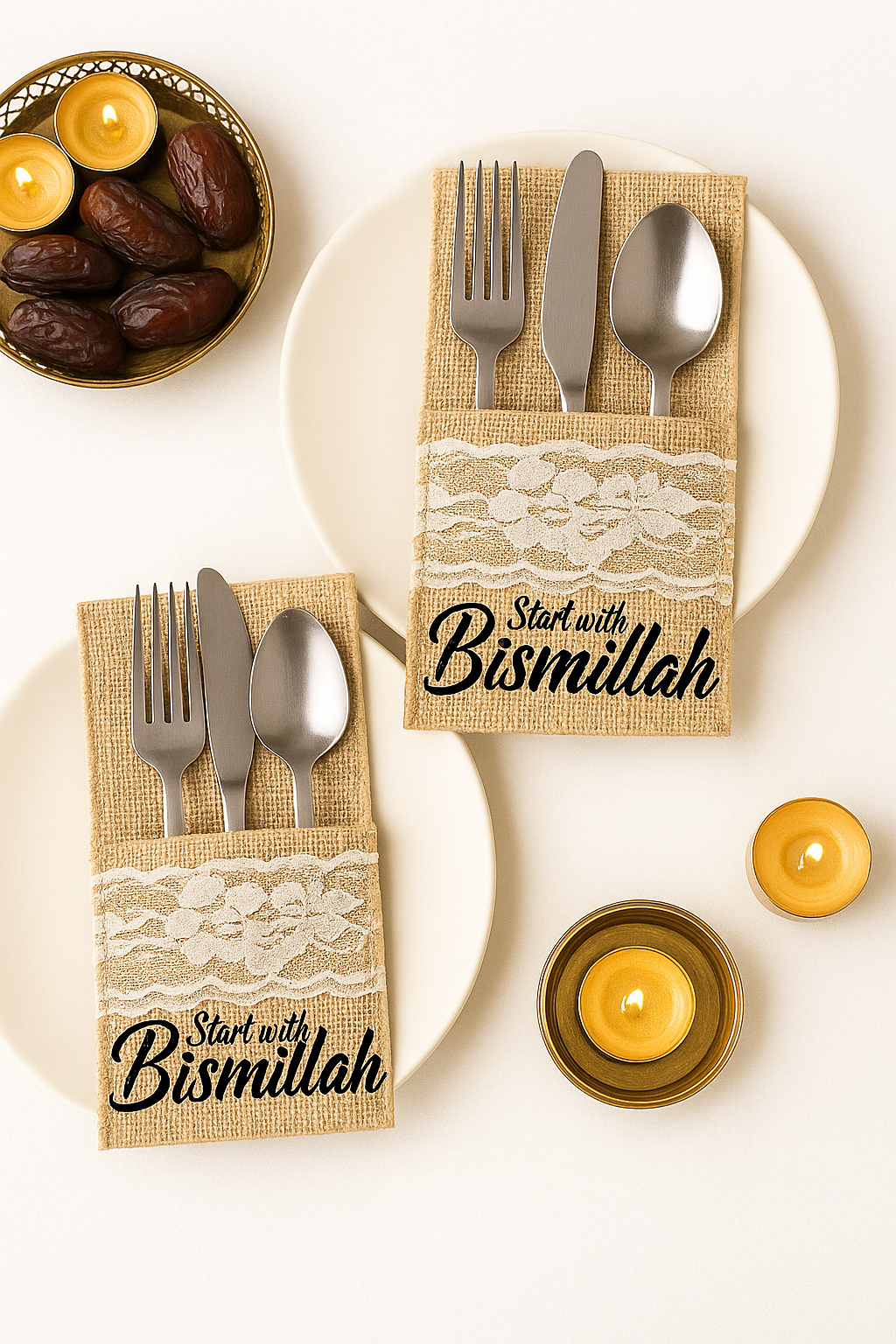 Jute-Bestecktasche mit Spitze & Bismillah – Eid, Ramadan, Hochzeit